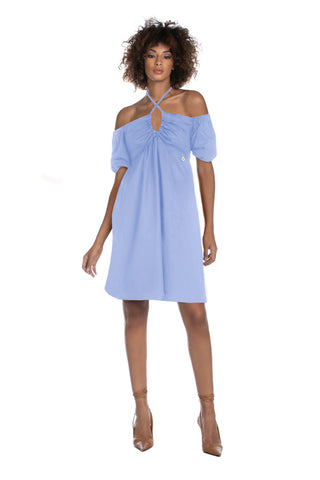 CHUREN short half-sleeve balloon dress with boat neckline and gathered drawstring