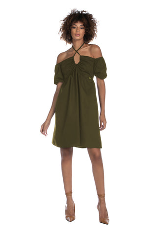 CHUREN short half-sleeve balloon dress with boat neckline and gathered drawstring