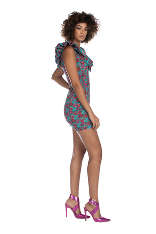 GRETUI short half-sleeved dress with flower pattern ruffles
