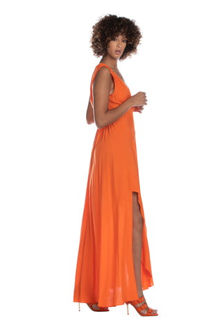 KERINCI_BIS long sleeveless dress with smok stitch plus double neckline and pleats