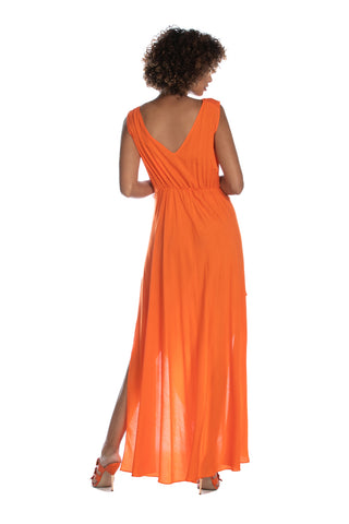 KERINCI_BIS long sleeveless dress with smok stitch plus double neckline and pleats