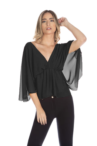 MASHER blouse with 3/4 batwing sleeves, double v-neck and gathered waist