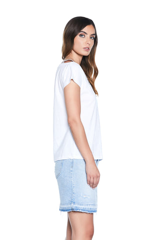 BRETIN half-sleeved T-shirt with boat neckline and rhinestone shoulder strap 