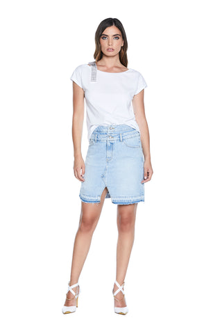 BRETIN half-sleeved T-shirt with boat neckline and rhinestone shoulder strap 