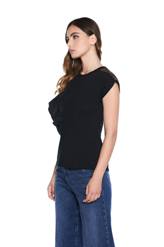 SHILER half-sleeve T-Shirt with rhinestone application and taffeta ruffles 