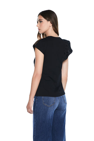 SHILER half-sleeve T-Shirt with rhinestone application and taffeta ruffles 