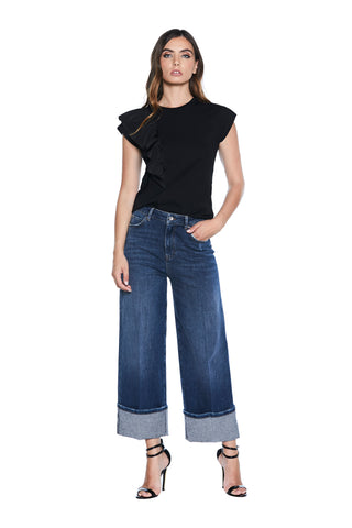 SHILER half-sleeve T-Shirt with rhinestone application and taffeta ruffles 