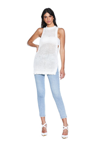 Long FIORKENT tank top with wide waistband plus rhinestones and pearls honeycomb net 
