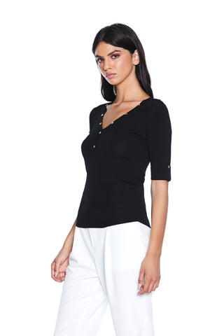 KILARM half-sleeve sweater with V-neck turn-up and ribbed buttons 