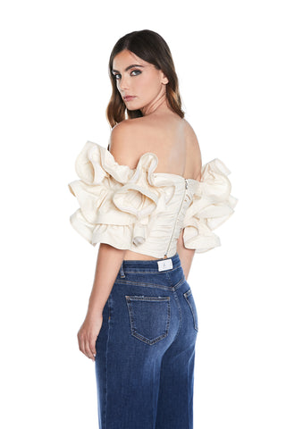 LUCANGY half-sleeved crop-top with ruffles, heart neckline and pleats plus zip 