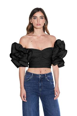 LUCANGY half-sleeved crop-top with ruffles, heart neckline and pleats plus zip 