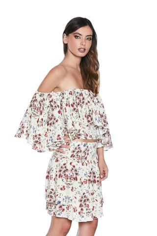 Crop-Top OPTIUR manica 3/4 ampia con balza più punto smock fantasia fiori
