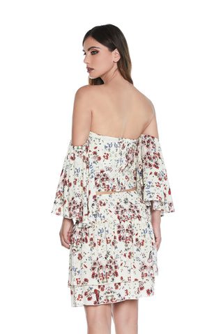 Crop-Top OPTIUR manica 3/4 ampia con balza più punto smock fantasia fiori