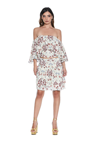 Crop-Top OPTIUR manica 3/4 ampia con balza più punto smock fantasia fiori