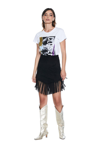 Short JOY skirt with faux suede tip and fringes 