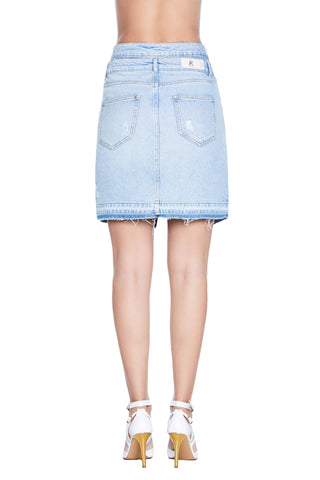 QUARTIU short skirt with double strap, 5 pockets plus slit, fringed denim 