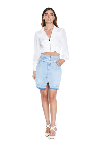 QUARTIU short skirt with double strap, 5 pockets plus slit, fringed denim 
