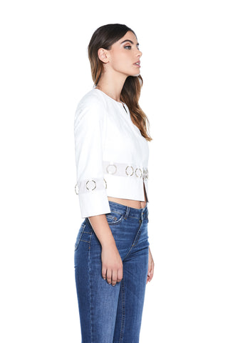 POWER short faux leather jacket with 3/4 sleeves plus hooks with tulle inserts plus rings