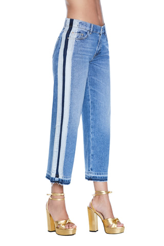 Panta MOSTRU vita alta crop denim effetto scucito