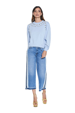 Panta MOSTRU vita alta crop denim effetto scucito