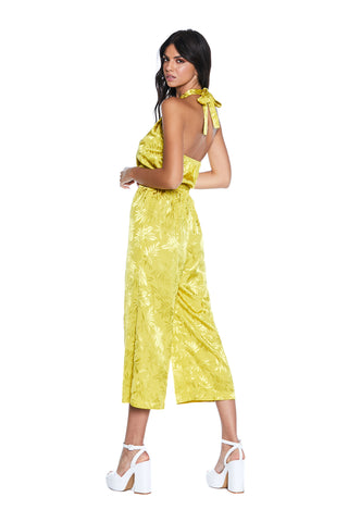 BRUTNEX S/M woven jumpsuit with high waisted fil coupe' palm sash 