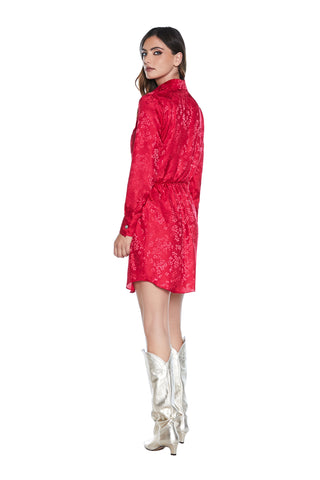 FUNNY short long-sleeved shirt dress with pockets plus gathered waist in jacquard flowers