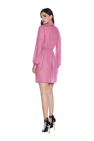 CUBE short dress, long sleeves, crossover neckline, wallet skirt and tie pockets