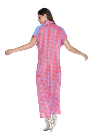 Long half-sleeved LURGER dress with tie-patterned chemisier lapel
