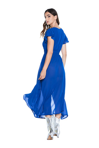 CONNOR long half-sleeved dress with deep V-neck ruffles with smock and slit 