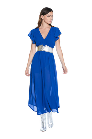 CONNOR long half-sleeved dress with deep V-neck ruffles with smock and slit 