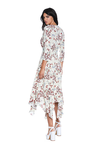 FLANSWER long 3/4 sleeve dress with smocking and flower pattern tips