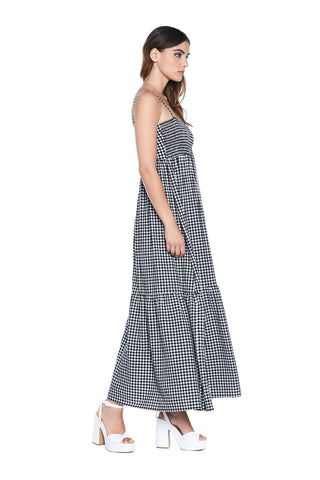 ANNIEB long S/M dress with straps and gingham smocking