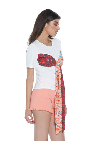 ETSUKO half-sleeve t-shirt with flower-print georgette inserts