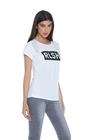 LANTANA half sleeve t-shirt with chain and rhinestone appliqué and print