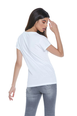 T-shirt LANTANA mezza manica con applicazione catene più strass più stampa