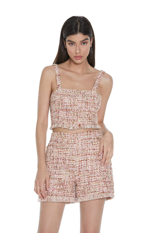 FUMIE crop-top with shoulder pads and buttons, fringed tex chanel bottom