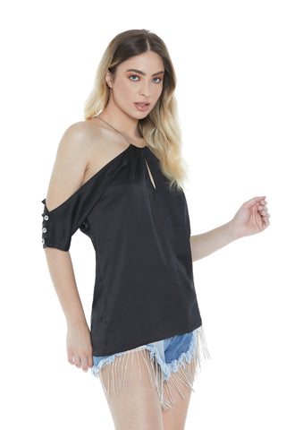 Blusa AZALEA mezza manica con apertura più borchie scollo americana con collana