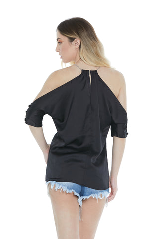 Blusa AZALEA mezza manica con apertura più borchie scollo americana con collana