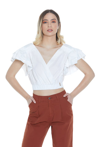 Blusa OTSUKO corta mezza manica rouches doppio scollo incrocio con elastico fondo