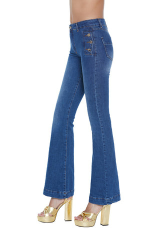 Jeans MAYU vita alta zampa con tasche più patte più bottoni denim