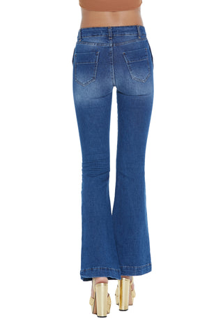 Jeans MAYU vita alta zampa con tasche più patte più bottoni denim