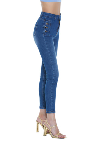 Jeans JUNKO vita alta capri con tasche più patte più bottoni denim