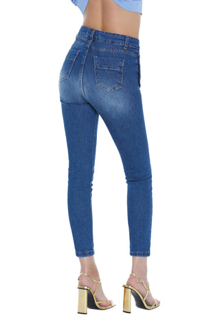 Jeans JUNKO vita alta capri con tasche più patte più bottoni denim