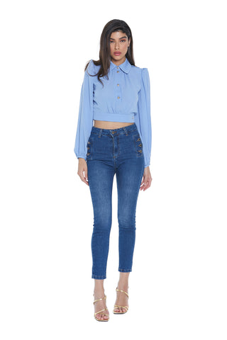Jeans JUNKO vita alta capri con tasche più patte più bottoni denim
