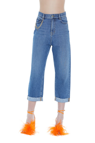 Jeans IKU vita alta 5 tasche con risvolto taglio vivo denim