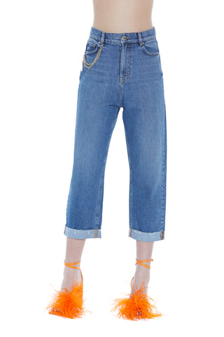 IKU high waisted 5 pocket jeans with raw cut denim cuff