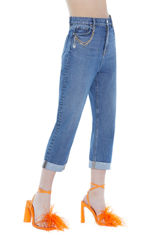 Jeans IKU vita alta 5 tasche con risvolto taglio vivo denim