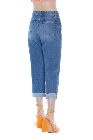 Jeans IKU vita alta 5 tasche con risvolto taglio vivo denim
