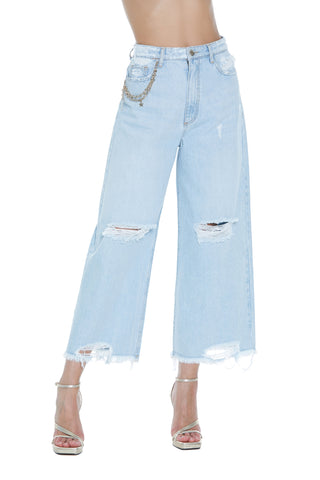 Jeans PUNANI vita alta gamba larga 5 tasche con catena più rotture denim