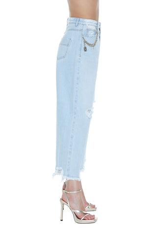 Jeans PUNANI vita alta gamba larga 5 tasche con catena più rotture denim